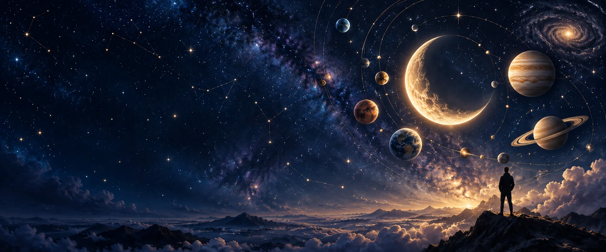Silhouette of a person looking up at the stars, crescent moon and planets