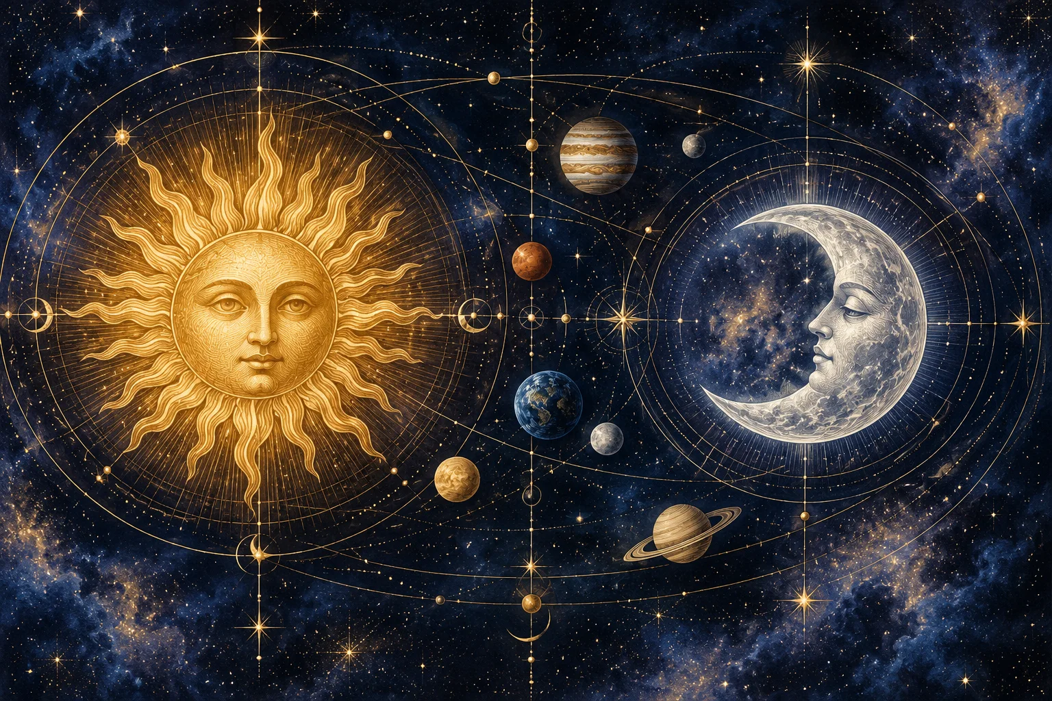 Illustration of the Sun, crescent Moon and planets on a starry sky